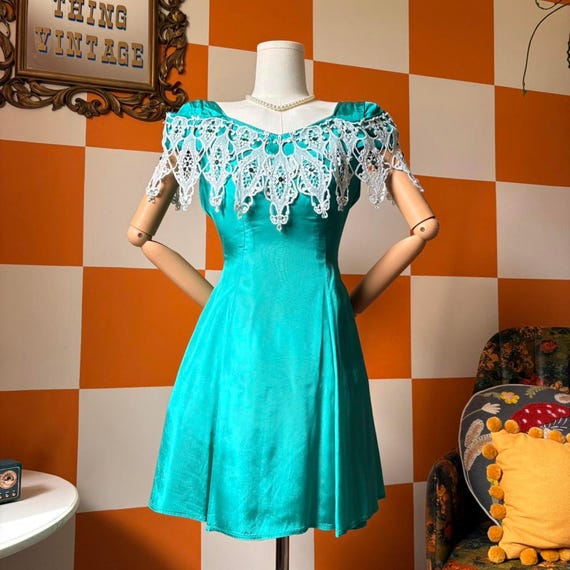 kelly green satin dress 80s 90s Vintage And Lace Faux Off the Shoulder Mini cropped hem