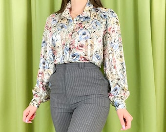 80s Vintage Pastel Pink and Blue Floral Print Satin Mock Neck Blouse