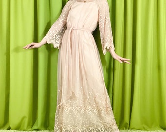 70’s Vintage Dusty Pink Maxi Dress with Chiffon Embroidered Bell Sleeves and Hem Small