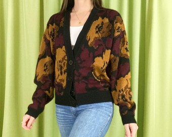 90s Vintage Maroon Black and Brown Wool Blend Floral Knit V Neck Sweater