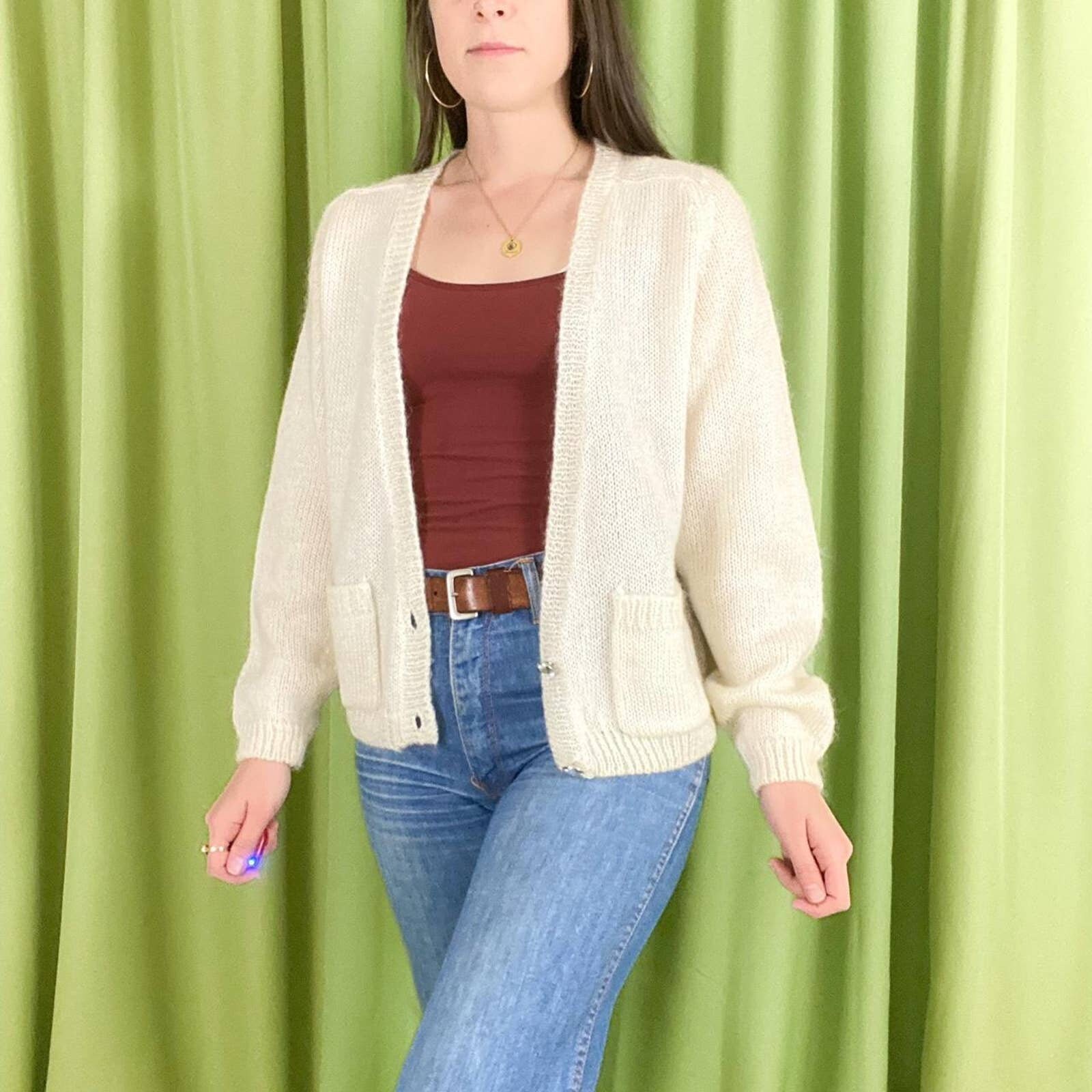 90s Vintage off White Deep V Neck Mohair Blend Knit Cardigan - Etsy