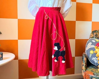 50s Vintage Red Corduroy Poodle Skirt with Gold Detail