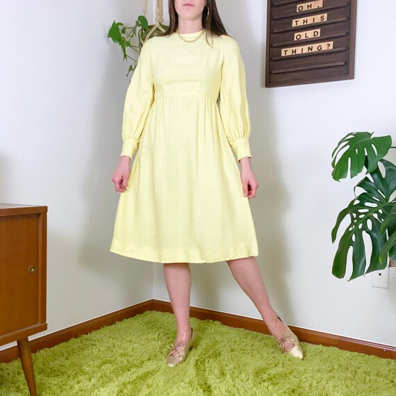 OThisOIdThing 60's Vintage Pastel Yellow Long Sleeve Party Dress with Pearl Buttons Small