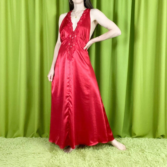 90s Vintage Red Satin Open Back Plunge Neckline N… - image 1