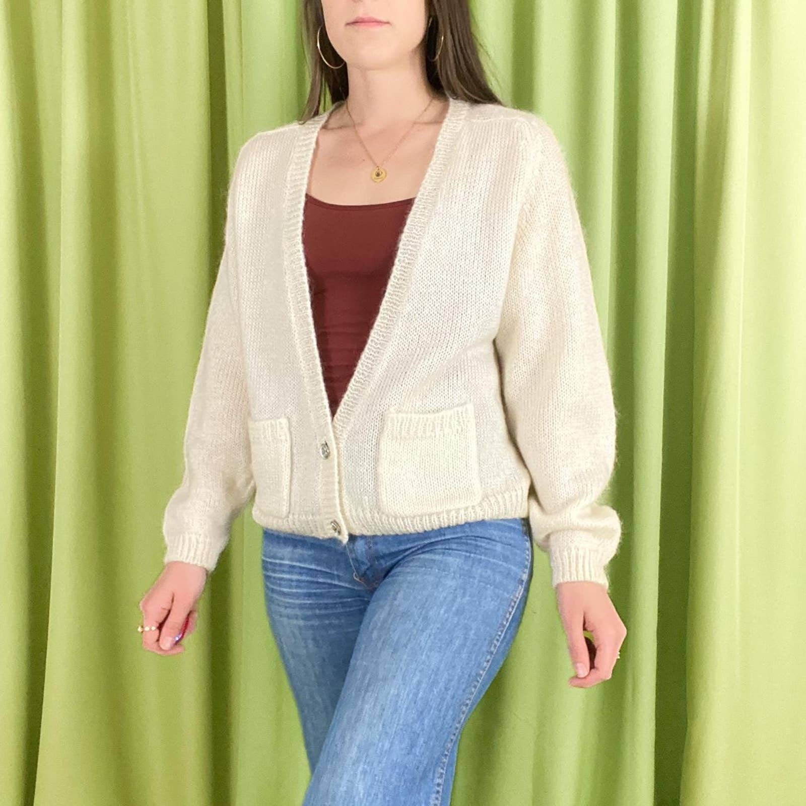 90s Vintage off White Deep V Neck Mohair Blend Knit Cardigan - Etsy