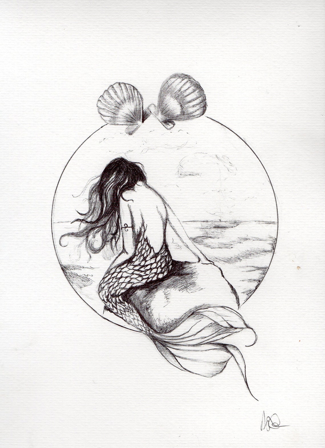 Mermaid pen drawing tattoo design | Etsy
