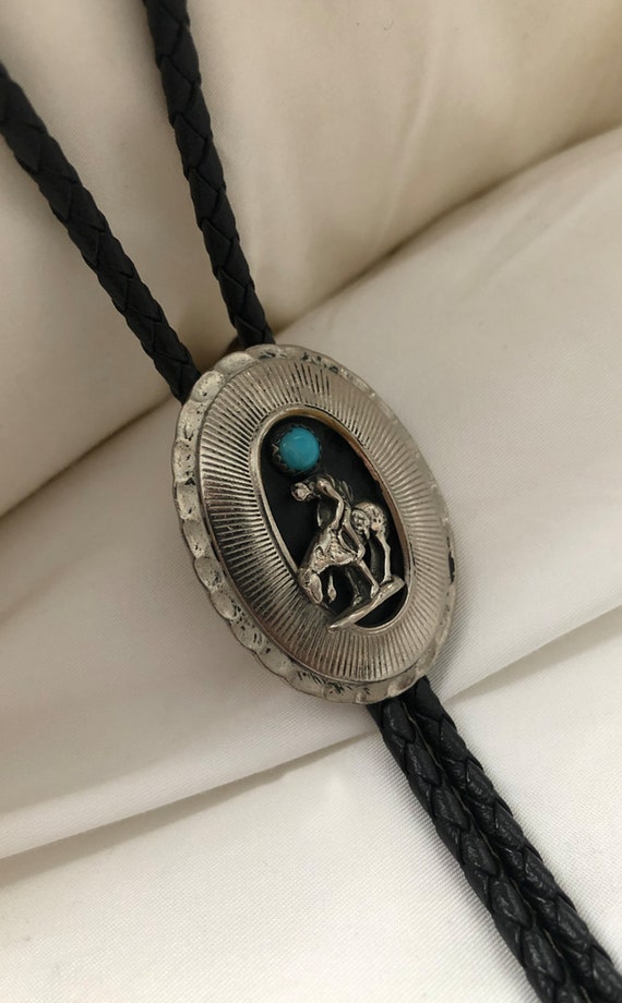 Trending Concho Bolo Tie Western Jewelry Silver Antique w Scandalous Blue Enamel Gift Her Him Boyfriend Girlfriend American Made #80172-1