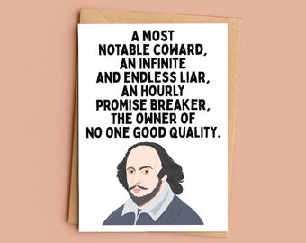 Shakespeare Insult Greeting Card, A Most Notable Coward, Much Ado About Nothing
