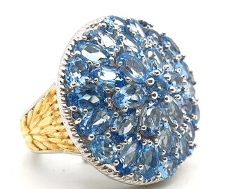 Natural Swiss Blue Topaz round shape cluster ring in platinum over brass. Swiss Blue Topaz Round ring, Swiss Blue topaz Cocktail ring.