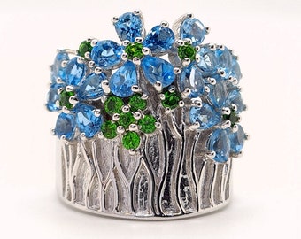 Natural Blue topaz ring, Multi gemstone Floral ring, Blue topaz Gemstones ring, Multi floral flower design ring, multi flower basket ring
