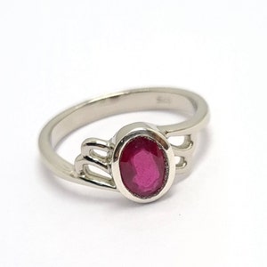 May include: A silver ring with an oval, deep red gemstone. The ring has a simple band with decorative openwork on either side of the gemstone setting. The ring is set against a white background.