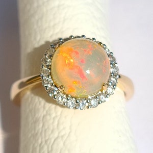 Natural Opal Diamond Ring-Solid 14k Yellow Gold Ring-Natural Round Fire Opal Ring-October Birthstone-Minimalist Gold Ring-Solitaire Ring