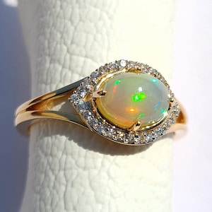 Solide 14K Gelbgold Ring-Natürlicher Opal Diamant Ring-Multi Farbe Feuer Opal Ring-Oktober Birthstone Ring-Statement Ring-Opal Verlobungsring