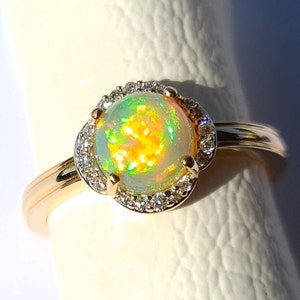 Natürlicher Feueropal Gold Diamant Ring-Massiver 14K Gelbgold Ring-Oktober Birthstone Ring-Real Diamant Ring-Jubiläum Geschenk-Statement Ring
