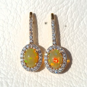 Natural Opal Diamond Earrings-Solid 14k Yellow Gold Earrings-Natural Oval Fire Opal Earrings-October Birthstone-Solitaire Dangle Earrings