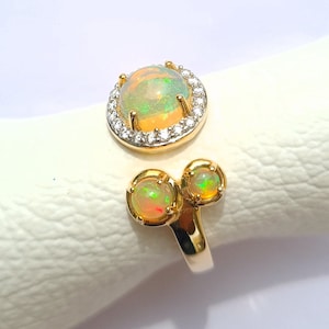 Natural Opal Diamond Ring-Solid 14k Yellow Gold Ring-Natural Round Fire Opal Ring-October Birthstone-Minimalist Gold Ring-Solitaire Ring