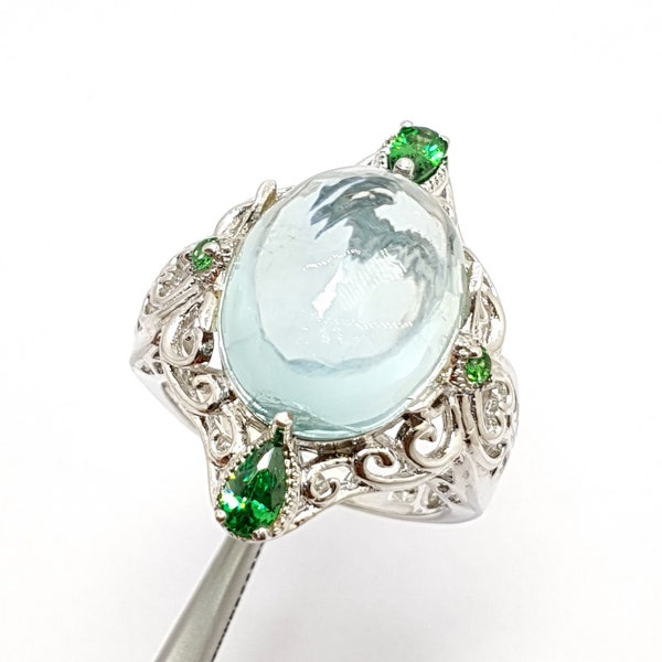 Natural Aquamarine cabochon solitaire ring-High quality jewellery ring-Big oval ring-Anniversary gift ring-Blue Aquamarine ring-Bulgari ring