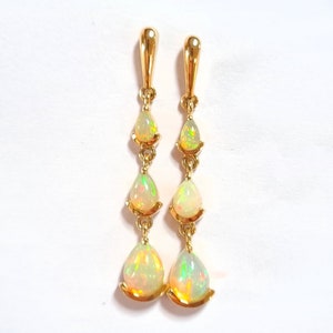 Natural Opal Gold Earrings-Solid 14K Yellow Gold Earrings-Natural Pear Fire Opal Earrings-October Birthstone-Solitaire Dangle Drop Earrings