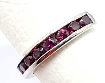 Natural Rhodolite Garnet Ring-Solid 925 Sterling Silver Ring-Semi Eternity Ring-Minimalist Stackable Eternity Ring-January Birthstone Ring
