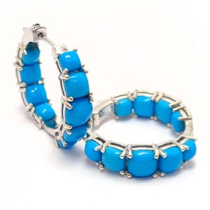 Sleeping Beauty Turquoise earrings, Turquoise hoops earrings, Premium Sleeping Beauty Turquoise Hoop Earrings in platinum over 925 silver