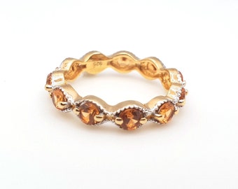 Natural Brazilian Citrine rounds studded eternity Ring in 14K gold over 925 Sterling Silver, Citrine Yellow ring, citrine eternity ring.
