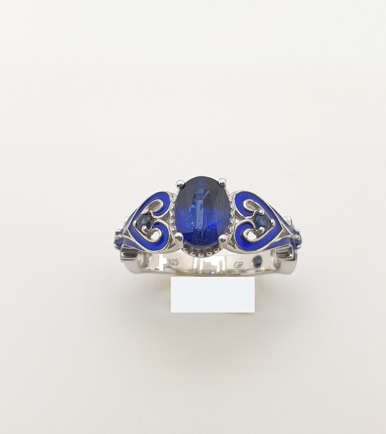 Blue Kyanite ring Blue enamel ring,blue kyanite enamel ring Natural top quality blue kyanite oval studded enamel work sterling silver ring