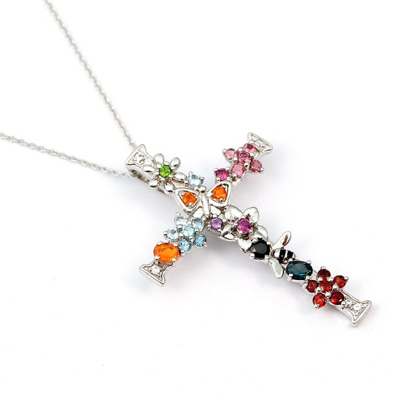 Natural Multi Gemstone Holy Cross Design Sterling Silver - Multi Gemstone Cross Pendant Natural Multi Gemstone Holy Cross Design Sterling Silver - Multi Gemstone Cross Pendant