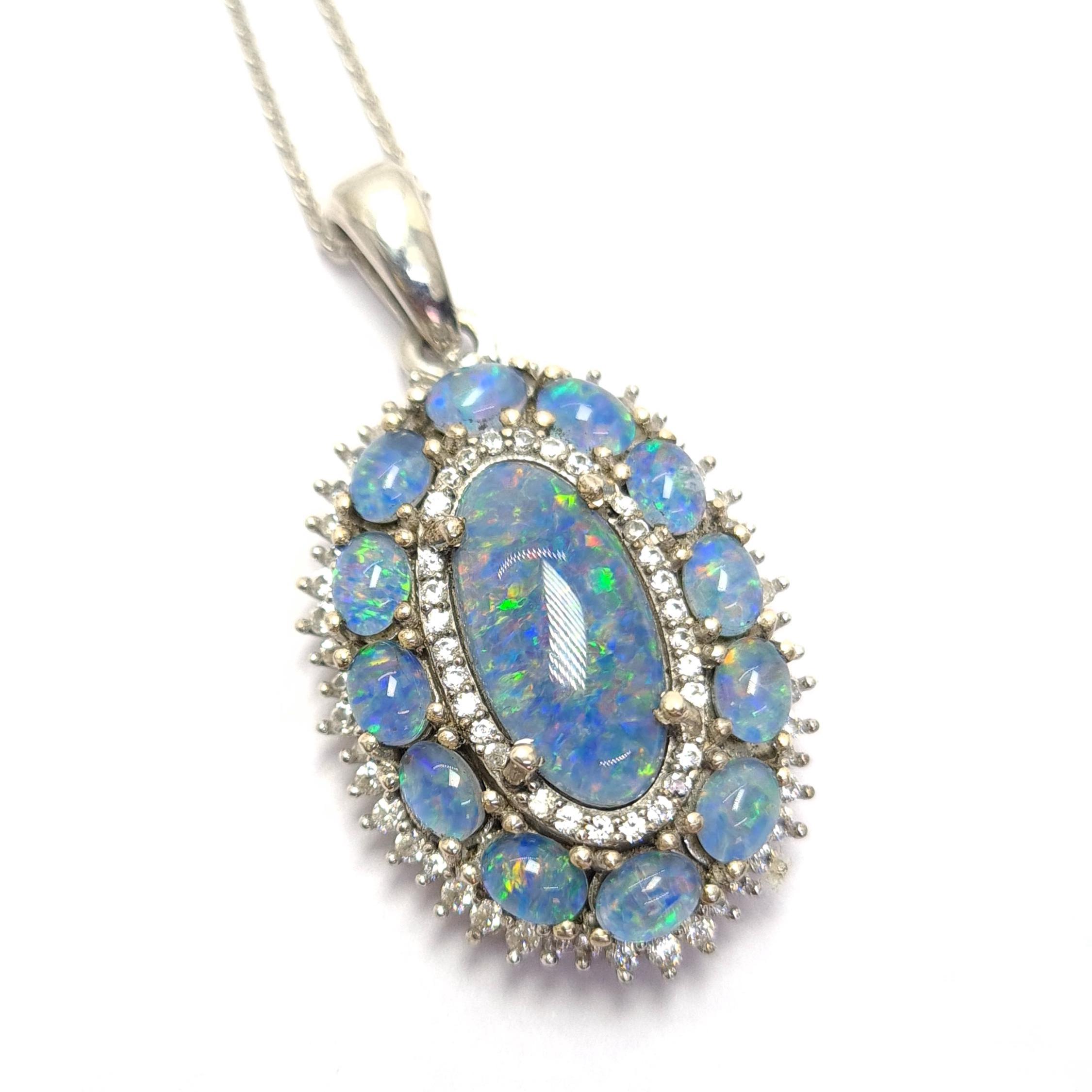 Natural Australian Boulder Opal Triplet Pendant Necklace, Boulder Opal Oval Pendant, Oval opal halo pendant, Anniversary gift opal pendant