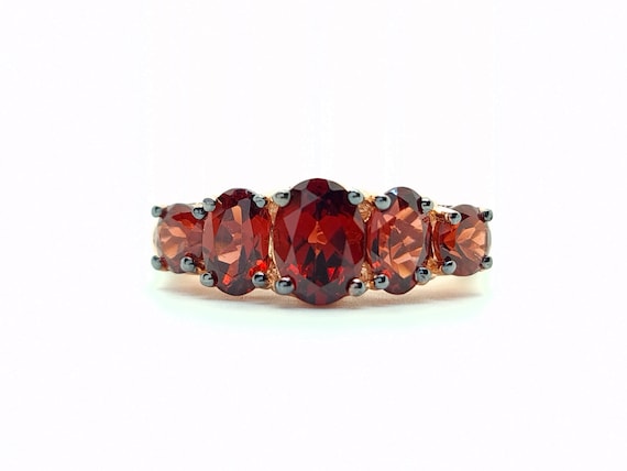 Natural Gemstone Red Garnet vermeil scrollwork ring, Red Garnet ring, red garnet oval studded cocktail ring, red garnet five stone ring
