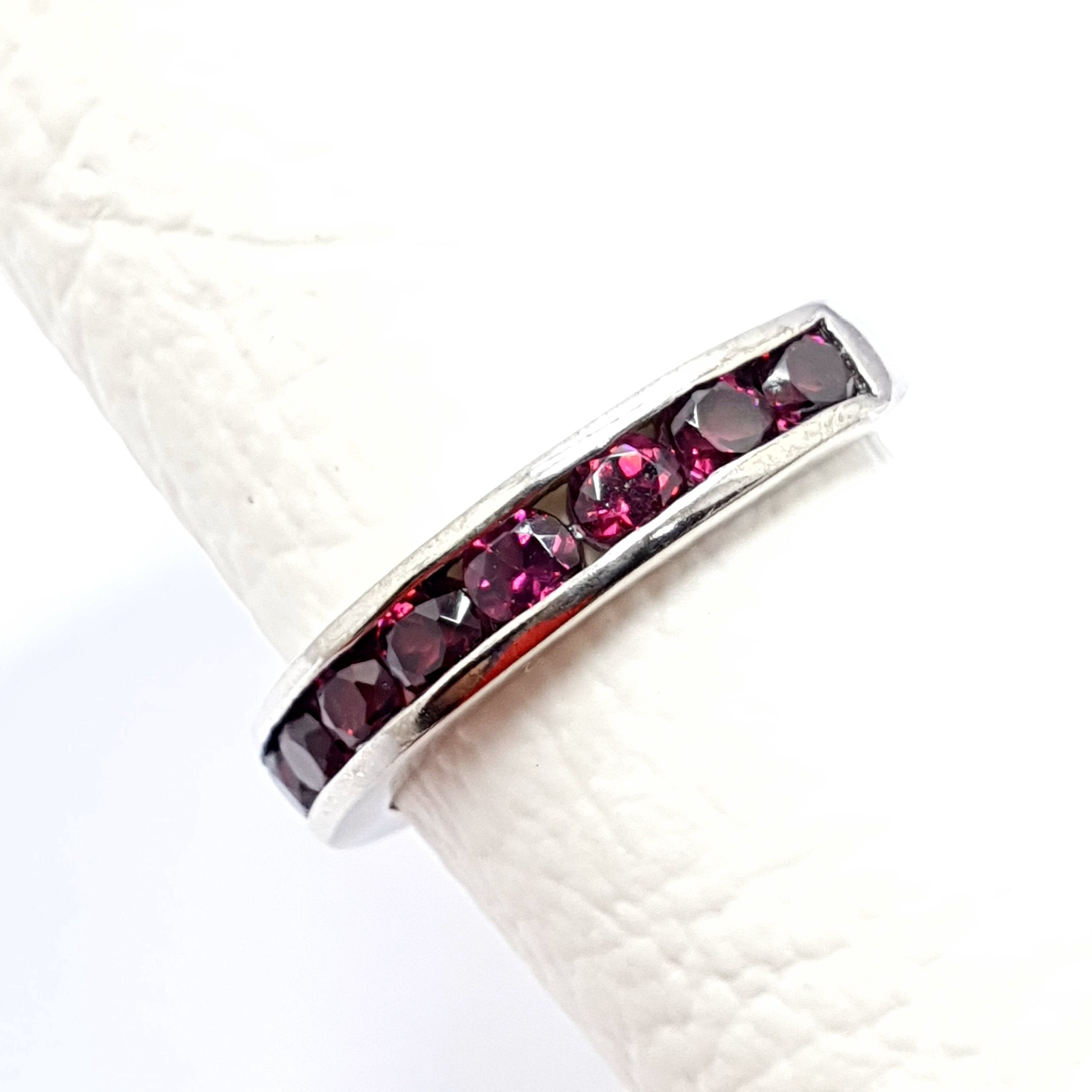 Natural Rhodolite Garnet Ring-Solid 925 Sterling Silver Ring-Semi Eternity Ring-Minimalist Stackable Eternity Ring-January Birthstone Ring