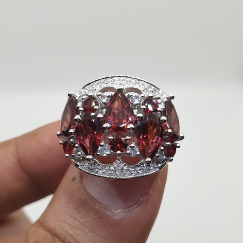 Natural Gemstone Red Garnet Christmas ring in platinum over brass, Christmas ring, Red Garnet ring, red garnet shops pears studded cocktail ring.