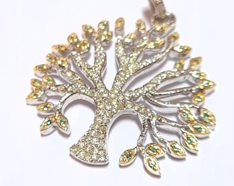 May include: A silver tree of life pendant with green and yellow gemstones. The pendant is detailed with intricate branches and leaves.