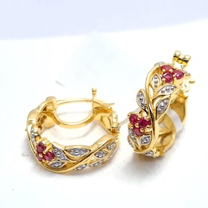 Natural African ruby gold overlay huggies in 925 silver, Anniversary gift, Ruby drops. ruby hoops, Birthday gift for her, 14K gold hoops