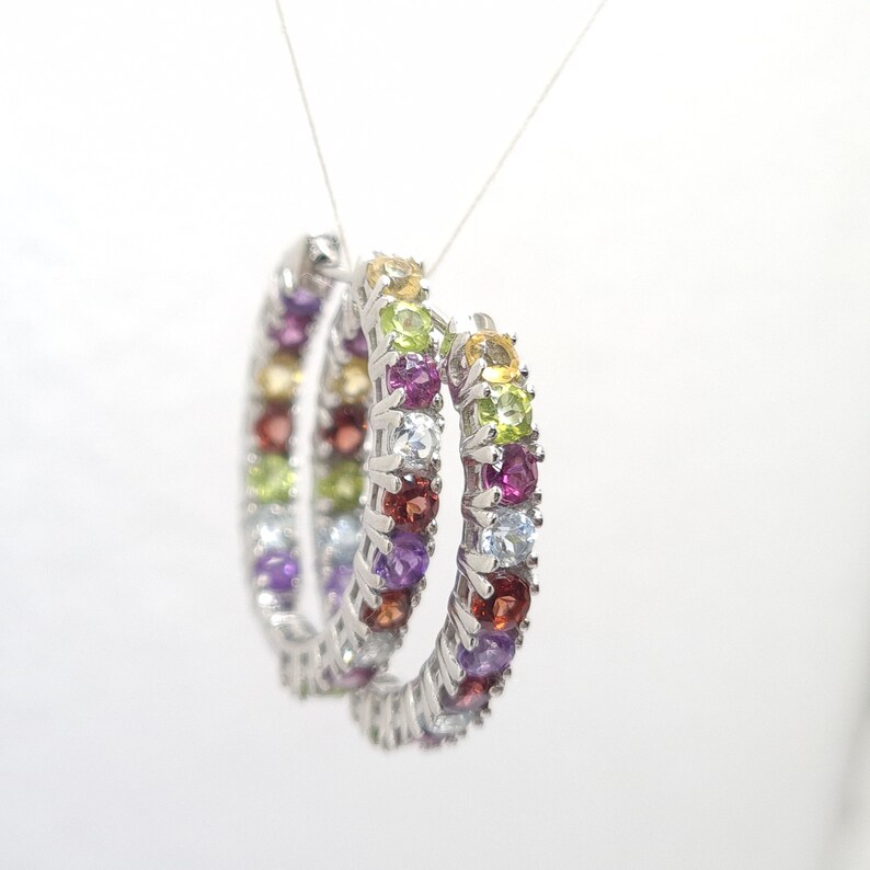 Natural Multi Gemstone Hoop Earrings Rainbow Huggies Earrings-hoop ...