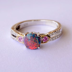 Dual-Firey Simierter australischer Opal Sterling Silber Ring, besetzt mit rosa Topas und natürlichen Zirkon, Feueropal Ring, Statement Ring
