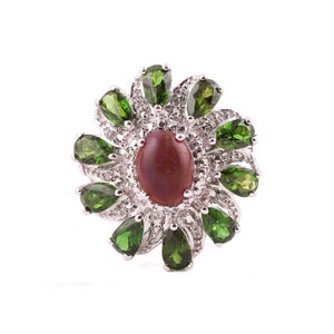 Natural Multi Gemstone floral ring studded with opal centre-stone surrounded by Chrome Diopside in Sterling Silver, Opal ring, Cocktail Ring