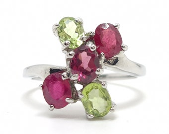 Natural Multi gemstone Ring, Ruby Ring, Pink Tourmaline Ring, Peridot Ring, Anniversary Gift, Birthday Gift, Wedding Gift, Cocktail Ring