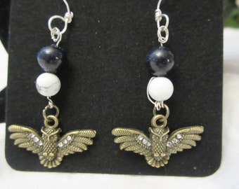 Owl in flight beaded Sterling silver earrings