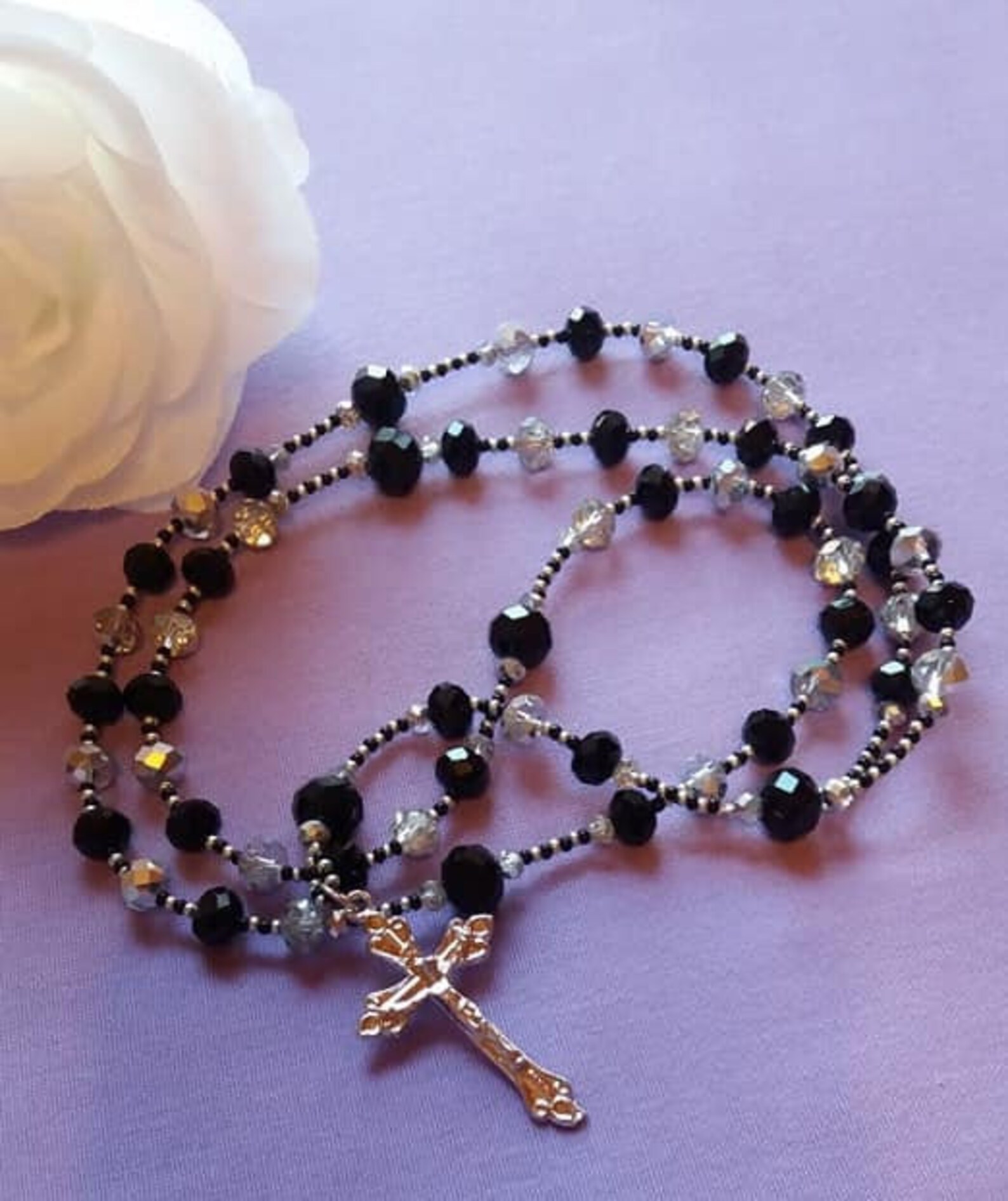 Traditional Catholic Rosary Prayer Beads With Black & White Crystal