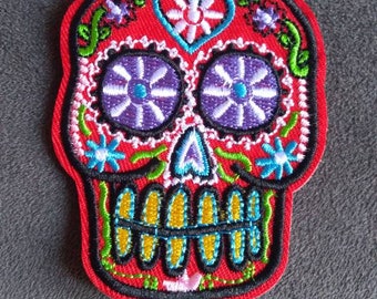 Floral Red Skull Mexican Sugar Skull Embroidered Iron On Patch Sew On Applique Badge