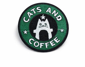 Cats & Coffee Iron On Patch | Embroidered Cat Coffee Applique
