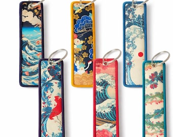 Japanischer Design Schlüsselanhänger | Schlüsselanhänger mit Welle | aufgehende Sonne | Ozean inspiriert Geschenk | Japanische Tokyo-Kunst