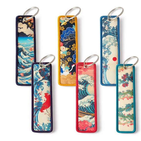 Japanese Fabric Keychain | Ukiyo-e Wave, Crane Art Key Fob