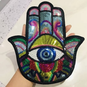 Sequin Third Eye Hand Patch: Embroidered Iron On Applique (20x23 cm)