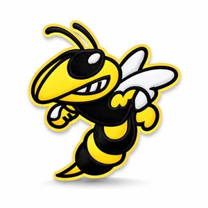 May include: A cartoon-style patch featuring a yellow and black bee with white wings. The bee is smiling and appears to be in flight. The patch has a yellow border and is set against a white background.