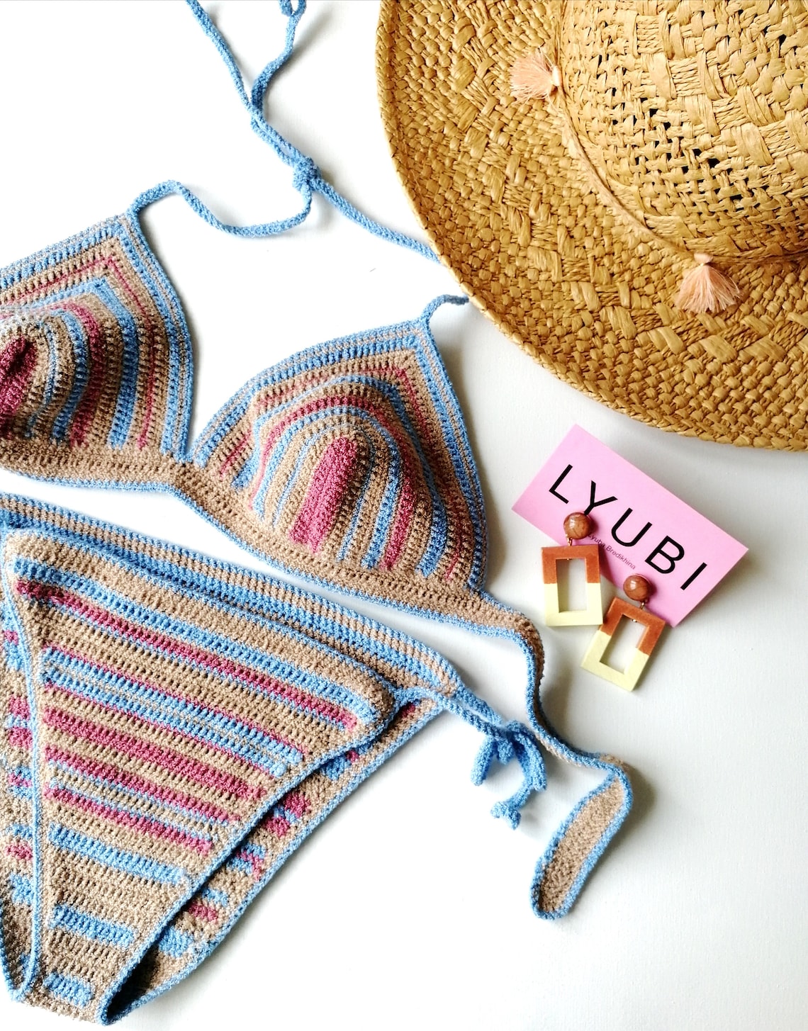 Nude striped crochet bikini Hand knitted blue swimsuit Etsy