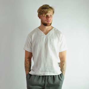 Men&#39;s linen white t-shirt, Linen tracksuit top, white linen shirt, Lounge linen top, linen shirt V-neck, Loungewear No. 68