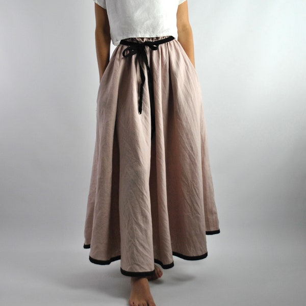 Pure linen long skirt, elasticated gathered semi full skirt loose fitting with pockets, dusty pink skirt, boho skirt, maxi skirt no. 29