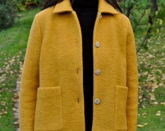 Wool spring jacket, yellow mustard honey boiled wool cardigan, warm boiled wool mix fleece overcoat  no. 152