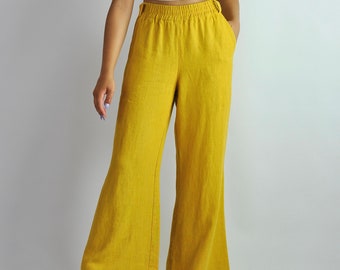 Pure linen wide yellow  trousers, summer flares, bellbottom pants, linen trousers with pockets, beach pants loose fit, no. 83